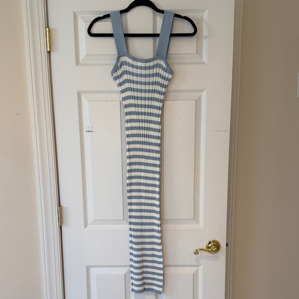 Elegant Blue and White Striped Midi Dress